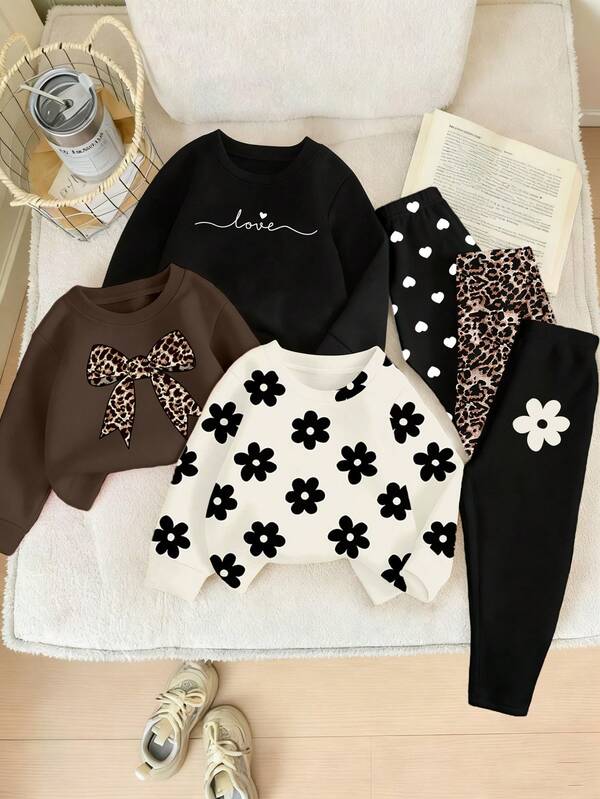 SHEIN Playful Pals 6pcs Cozy Fall & Winter Styles Infant/Toddler Girls Casual Fashion Creative Personalized Fresh Cute Leopard Print, Bow, Flower, Heart, Letter Graphic Print Sweatshirt And Leggings Outfit Set Toddler Flower Clothes Baby Set Autumn Winter Season Baby Girl Sweaters Set Mocha Baby Clothes Baby Casual Sets