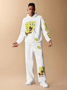 SpongeBob SquarePants | SHEIN Men's Casual Everyday Commute Funny Cute Cartoon Pattern Kangaroo Pocket Thermal Lined Hoodie And Sweatpants Set, Autumn/Winter - White - View 4