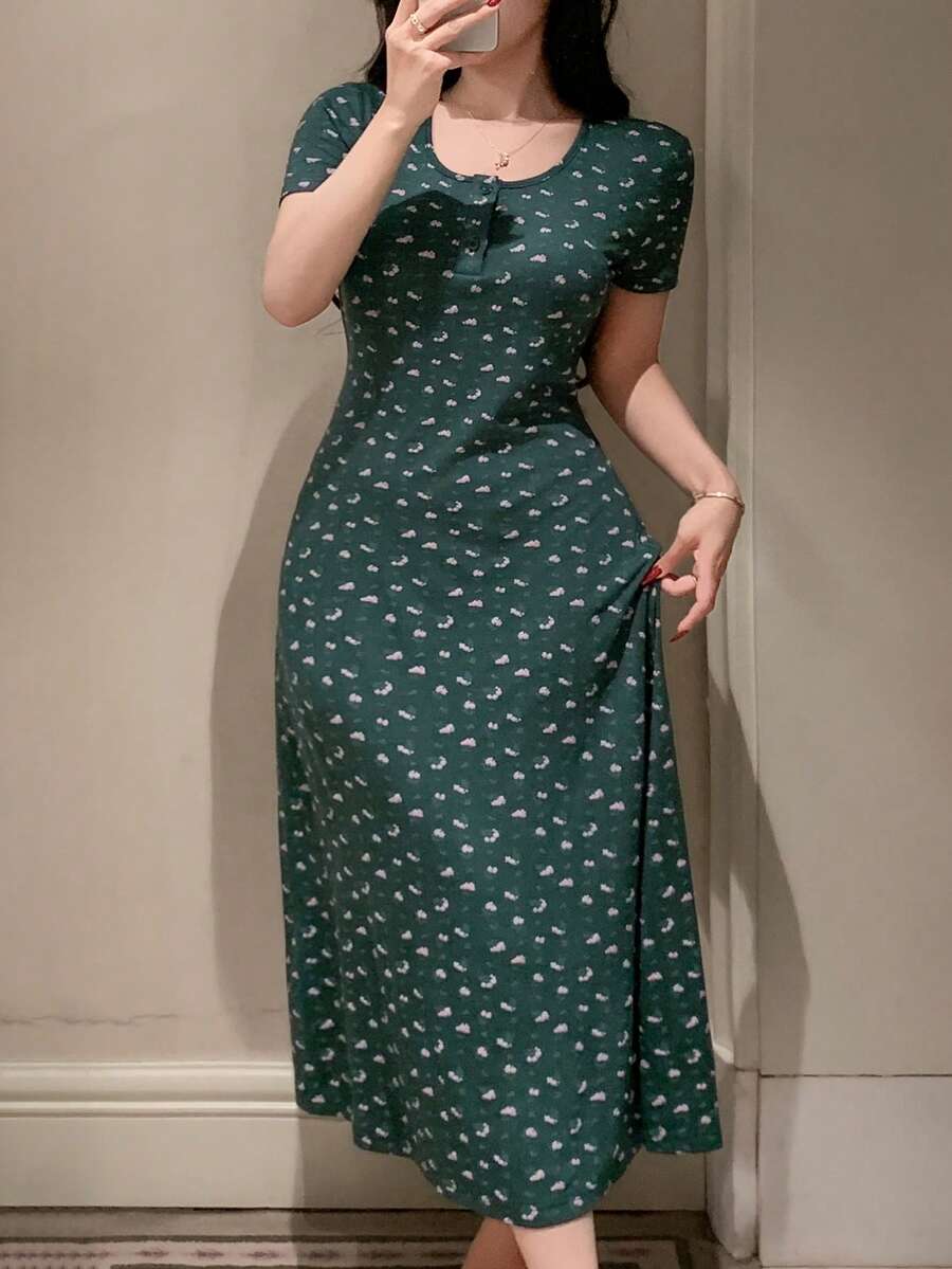 DAZY 碎花束腰长款睡裙，女士睡衣连衣裙 - 綠色 - 查看 1