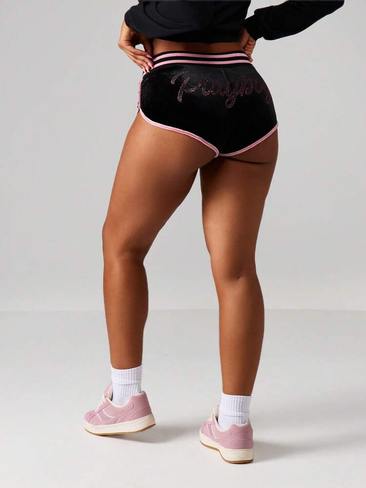 Missguided x Playboy Velour Mini Booty Shorts With Pink Rhinestone Logo And Contrast Trim Details