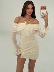 Aloruh Vestido mini ajustado con hombros descubiertos, textura y drapeado elegante para mujer - Albaricoque - Ver 4