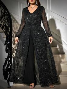 Gownix Curvy Plus-Size Women's Romantic And Elegant Party Jumpsuit, Black V-Neck With Sheer, Shimmering Silver-Stamped Mesh, Lantern Sleeves, Fitted Waist, Cape Style, Long Length, Made Of High-Quality, High-Elasticity Knit Fabric,Formal Jumpsuits For Women, New Year Women's Clothes , New Year Look , Elegant Dresses For Party , Curvy Party Dresses,Going Out ,Graduation Dress For Women ,Long Graduation Dress , Elegant Long Ball Gown , Prom Dresses For Women , Formal Ball Gowns For Women , Prom Dress Plus Size,Sparkly Dress ,Sequin Dress,Night Out,Date Night Outfits Women,Mother Of The Bride Dresses For Wedding,Formal Dresses For Women ,Luxury Dress,Chic Evening Dress ,Black Formal Dress For Women/Winter,Christmas And New Year,Party,2025 New,Elegant Party Dress,Women's Formal Wear ,Christmas,New Year,Hanksgiving Outfit For Women,Elegant Dresses For Women, Stylish Clothing Collection - Black - View 5