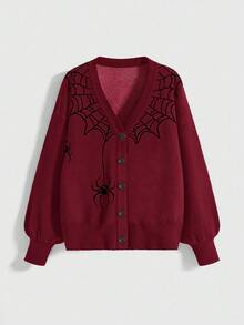 ROMWE Women's Gothic Spider Web Jacquard Knit Cardigan - Burgundy - View 1