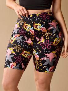 SpongeBob SquarePants | SHEIN 大码可爱卡通图案弹力打底短裤 - 黑色 - 查看 3