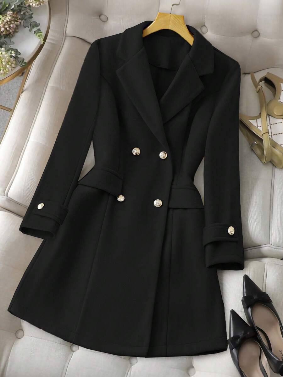 SHEIN PETITE Women's Elegant Solid Color Double-Breasted Overcoat