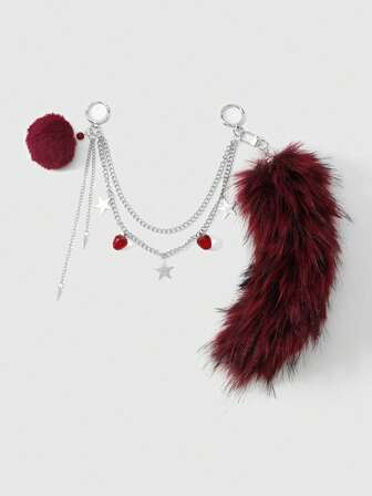 Goth 1 pieza Llavero/Accesorio de mochila con cadena doble hueca de alta calidad, remache en forma de estrella, resina, fresa burdeos, peludo, degradado brillante, cola de zorro falsa, estilo Y2K punk retro, adecuado para cosplay, uso diario, regalo