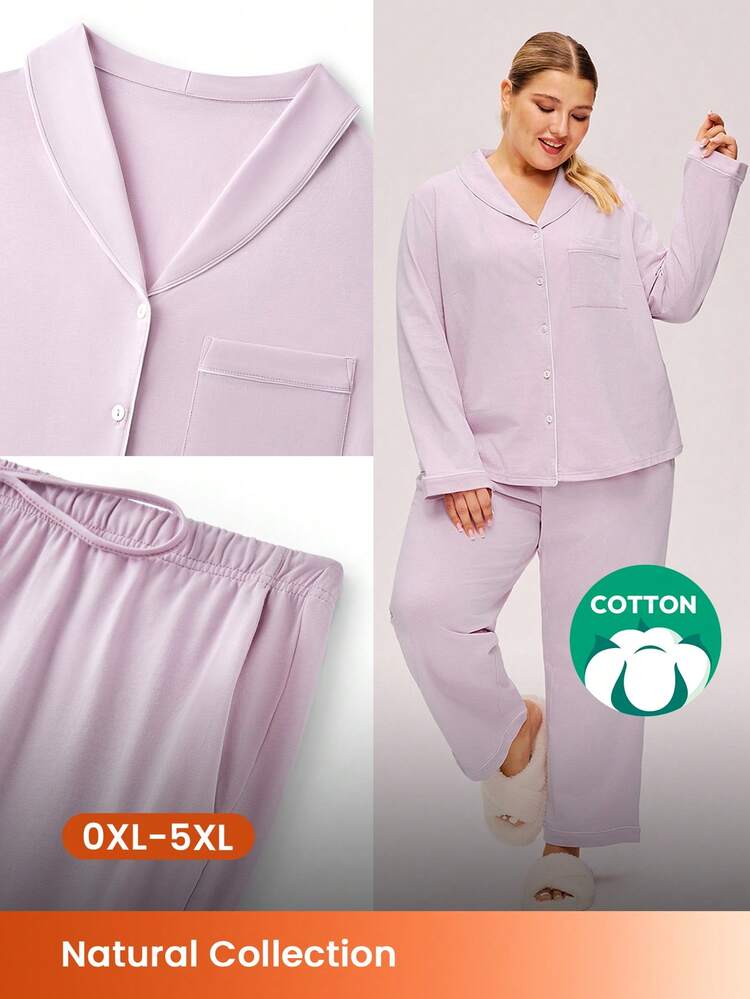 Ensemble de pyjama essentiel pour mariage pour femmes grandes tailles en automne et hiver, 100% coton doux rose. Ensemble de pyjama basique avec col châle, pantalon avec poches en coton pour femmes
