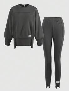 SHEIN Bộ áo nỉ dài tay cổ tròn thoải mái, tối giản, rộng rãi, thiết kế đường may và quần bó cho bé gái tuổi teen - Màu Xám nhạt - Xem 3
