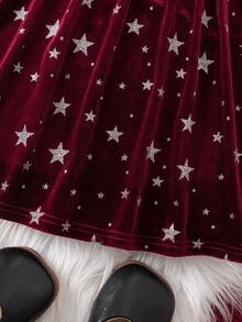 少女优雅可爱星形图案丝绒红色长袖连衣裙 - 酒紅色 - 查看 5
