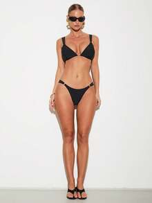 Swim Basics 女士宽肩带系带黑色比基尼上衣和下装比基尼 2 件套夏季