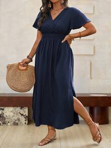Roveilla Đầm Maxi Dài Màu Trơn Cỡ Lớn Cho Kỳ Nghỉ Hè Có Đường Xẻ Hai Bên Và Thắt Lưng Cho Nữ - Màu xanh hải quân - Xem 1