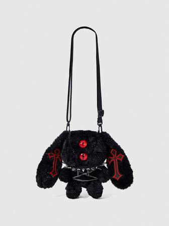 Goth 1 pezzo Borsa a tracolla stile punk scuro in peluche di coniglio con decorazione personalizzata di croce e borchie, borsa a forma di bambolina con occhi rossi carini
