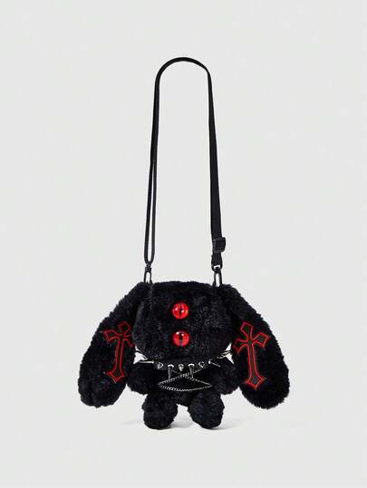 Goth 1pc Dark Punk Style Plush Rabbit Crossbody Bag With Personalized Cross And Rivet Decoration, Red Eye Cute Doll Bag