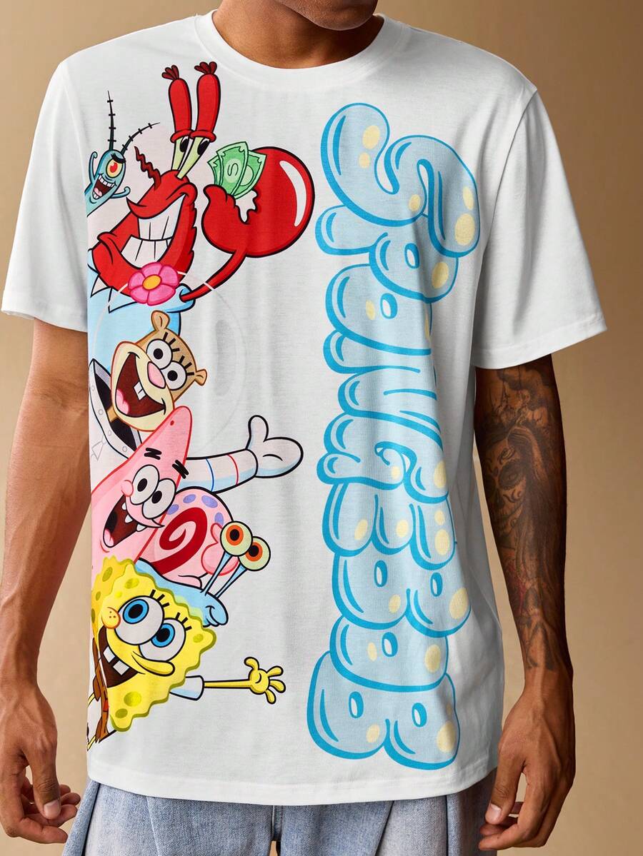 SpongeBob SquarePants | SHEIN 男士休闲日常通勤趣味可爱卡通字母印花短袖白色T恤,夏季 - 白色 - 查看 1