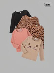 Sweetra 5pcs Young Girl Lovely Ribbed Cat Embroidery + Leopard Print Round Neck Long Sleeve T-Shirts - Multicolor - View 1