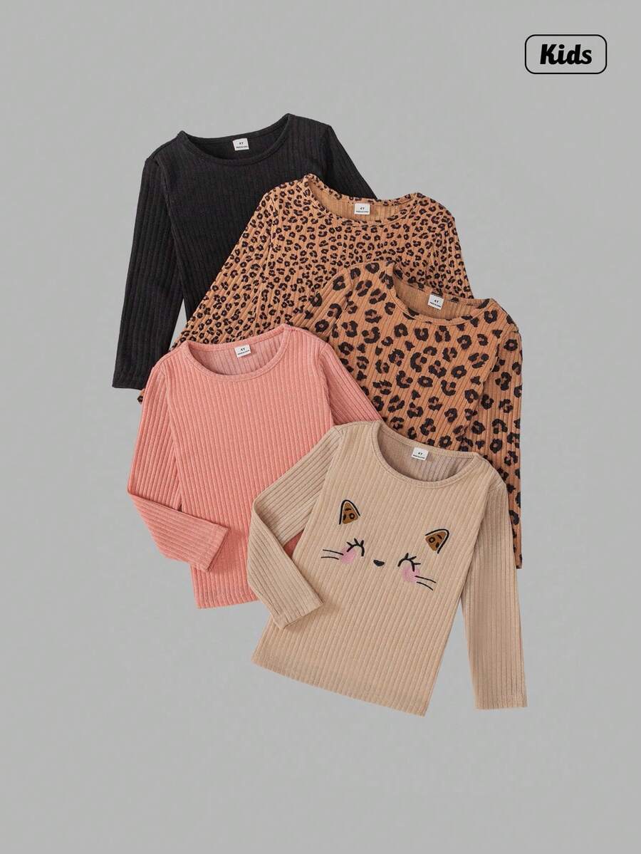 Sweetra 5pcs Young Girl Lovely Ribbed Cat Embroidery + Leopard Print Round Neck Long Sleeve T-Shirts - Multicolor - View 1