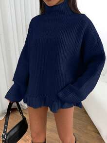 SHEIN Cottnline كنزة صوفية بلوفر طويلة الأكمام بياقة عالية ذات لون أحادي وشراريب، متعددة الاستخدامات وكاجوال - أزرق بحري - مشاهدة 5