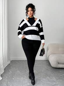 Elenzga Áo len chui đầu rộng rãi thời trang thường ngày hở vai cỡ lớn - Đen và trắng - Xem 5