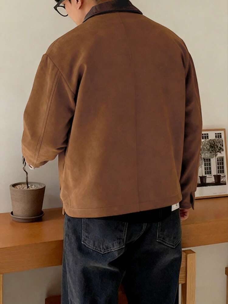 Men's Patchwork Collar Suede Fabric Brown Jacket And Coat, Autumn