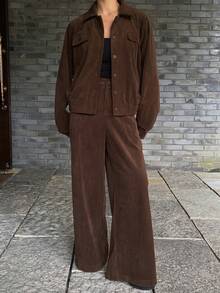 Livesso 女士秋冬休闲宽松领外套和裤子两件套家居服套装 - 咖啡棕 - 查看 3