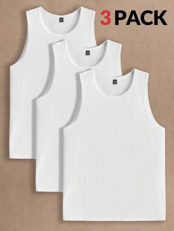 Manfinity NXTstreet 3pcs/Pack Men's Casual Solid Color Knit Sleeveless Tank Tops, Suitable For Everyday Wear