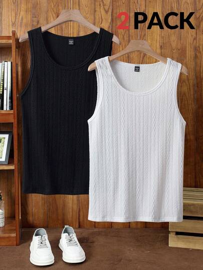 Manfinity NXTstreet 2pcs/Pack Men's Casual Jacquard Knit Slim Fit Sleeveless Tank Top, Men's Tank Top Multi-Pack, Knit Tank Top 2-Pack, Textured Muscle Shirt Set, Waffle Knit A-Shirt Pack, Men's Gym Singlet Combo, Summer Sleeveless Shirt Set, Ribbed Undershirt Pack, Black And White Tank Tops, Casual Athletic Vest Set, Men's 2-Pack Textured Knit Tank Tops, Premium Waffle Sleeveless A-Shirts, Black & White Multi-Pack For Casual & Gym Wear Men Tank Tops Men Sleeveless Tops Sleeveless T-Shirts Men Knit Tank Tops