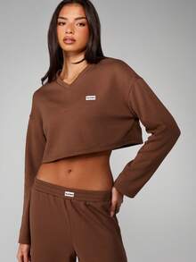 Missguided x Playboy Christmas V-Neck Ribbed Cropped Sweatshirt With Wide Leg Pants Set - Mocha Brown - View 3