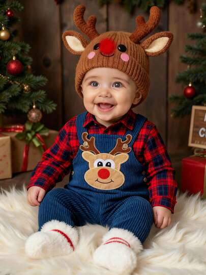 SHEIN 两件套格子衬衫 Polo 衫长袖上衣搭配可爱驯鹿图案灯芯绒背带裤，舒适百搭，时尚休闲，可爱小鹿刺绣，简约百搭，适合室内、户外滑雪、日常、运动、玩耍、派对、圣诞节、圣诞派对、冬季穿着，长袖上衣