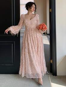 DAZY 女士优雅亮片灯笼袖连衣裙，秋季婚礼宾客礼服吊带裙 - 杏色 - 查看 5