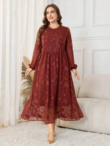 Lacomfia Váy dài tay lưới thêu màu nâu, váy chữ A thanh lịch cổ điển, cỡ lớn - Rỉ Nâu - Xem 5