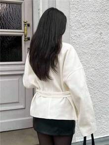 SHEIN EZwear 大码纯色系带休闲时尚白色大衣白色裹身开衫系带开衫白色和服开衫秋冬 - 白色 - 查看 2
