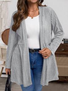 SHEIN CURVE+ 大码女式常规款外套，罗纹绒面针织弹力开衫，黑色，适合秋冬季穿着。 - 灰色 - 查看 4