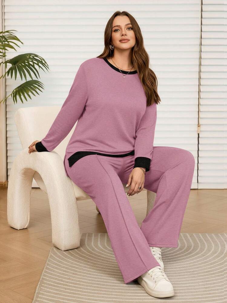 2pcs Plus Size Women Fall Casual Pink Contrast Color Hoodie And Sweatpants Set With Pockets, Autumn/Winter,, Women Plus Clothing Sets,Going Out Outfits,2025 New Clothes,Simple And Fashionable For Everyday Wear,Plus Size Winter Clothes, Modest Two Piece Set,, Modest Sets For Women, Wide Leg Pants Set,Comfortable And Breathable,Christmas Outfit For Women ,New Year Clothes,2 Piece Lounge Sets Women 2 Piece Lounge Sets Woman