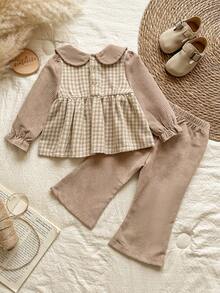 Vintaside Kids Babygirl Infant/Baby GirlSpring/Autumn Collared Long Sleeve Fashionable Top And Versatile Casual Pants Set, Suitable For Daily Outings, Leisure, Camping, And Vacations