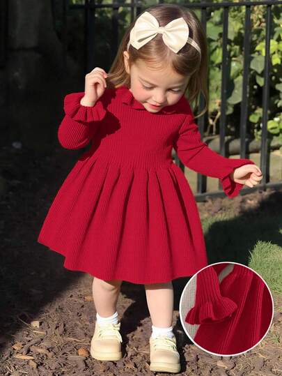SHEIN Vestido de manga larga de punto de unicolor lindo para bebé niña, otoño/invierno