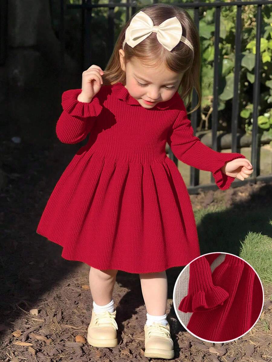 SHEIN Babygirl Cute Solid Color Knitted Long Sleeve Dress, Autumn/Winter - Red - View 1