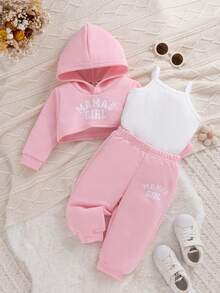 3件套幼儿女童休闲运动简约卫衣套装，春秋季 - 粉色 - 查看 1