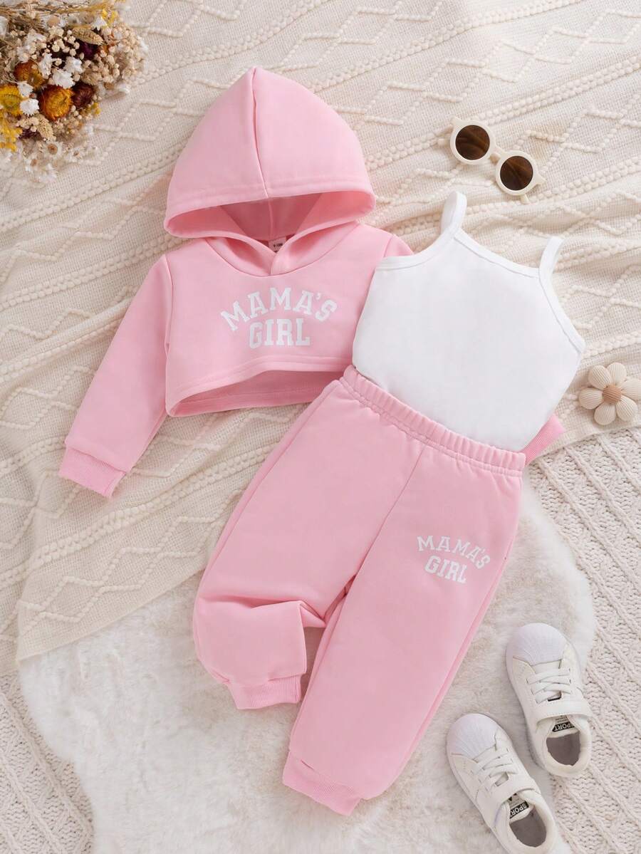3件套幼儿女童休闲运动简约卫衣套装，春秋季 - 粉色 - 查看 1