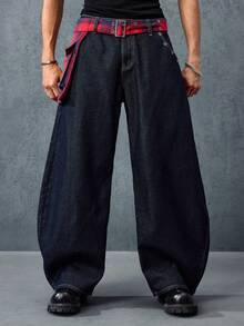 ROMWE MEN Street Life Men's Fashionable Street-Style Plaid Loose Fit Slant Pocket Distressed Jeans - Blue - View 6