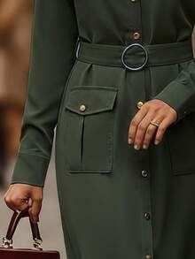 EMERY ROSE Women's Belted Shirt Dress Fall Cloth For Women - Army Green - View 3