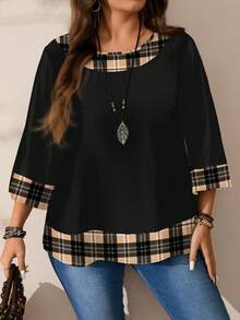 EMERY ROSE Plus Size Women's Casual Romantic Plaid Pattern Colorblock Print Round Neck Loose 3/4 Sleeve Shirt, Black - Multicolor - View 3