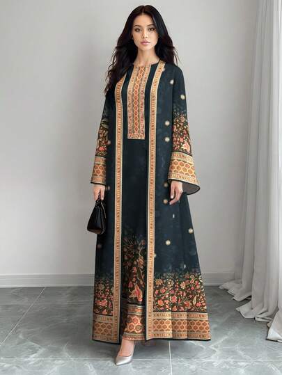 SHEIN Najma ชุดเซ็ตเสื้อผ้าสไตล์อาหรับลำลองแขนยาว พิมพ์ลายดอกไม้และพืชย้อนยุคสำหรับผู้หญิง, ฤดูใบไม้ผลิ/ฤดูใบไม้ร่วง