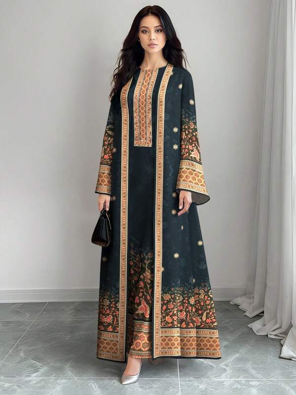 SHEIN Najma Women's Retro Floral & Plant Print Long Sleeve Casual Arabic Style Outfit Set, Spring/Autumn