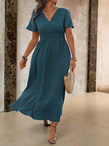 Roveilla 大码女式裹腰荷叶边袖连衣裙，适合圣诞节超长女装