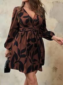 Roveilla Plus Size Women Long Sleeve Floral Print Ruched Waist Casual Vacation Commute Short Dress, Spring & Autumn Fall Cloth For Women - Rust Brown - View 5