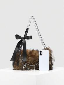 ROMWE Kawaii 女士豹纹鹿纹Y2K复古时尚人造毛皮长毛敞口大容量加厚秋冬单肩斜挎新月包 - 駝色 - 查看 2