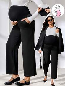 MaterniWear 办公室、商务孕妇工作服、孕妇工作裤、纯色高腰休闲口袋直筒宽松裤、黑色喇叭裤、孕妇装、孕妇裤、孕妇套装、孕妇连体裤 - 黑色 - 查看 1