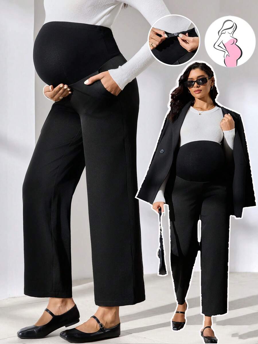 MaterniWear 办公室、商务孕妇工作服、孕妇工作裤、纯色高腰休闲口袋直筒宽松裤、黑色喇叭裤、孕妇装、孕妇裤、孕妇套装、孕妇连体裤 - 黑色 - 查看 1