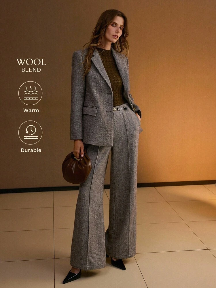 WOOL HERRINGBONE PATTERN LAPEL COLLAR METAL FLORAL PLACKET BLAZER