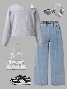 少女休闲针织卫衣，饰有蝴蝶结，搭配复古水洗牛仔裤，宽松舒适，适合秋季日常通勤、户外活动、聚会和拍照。 - 彩色 - 查看 2